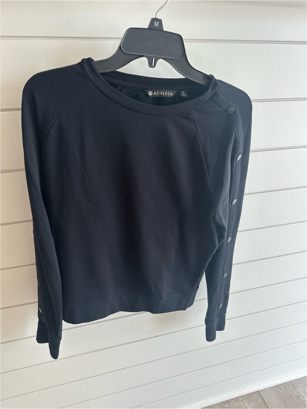 Athleta Black Crewneck Sweater with Snap-Detail Sleeve